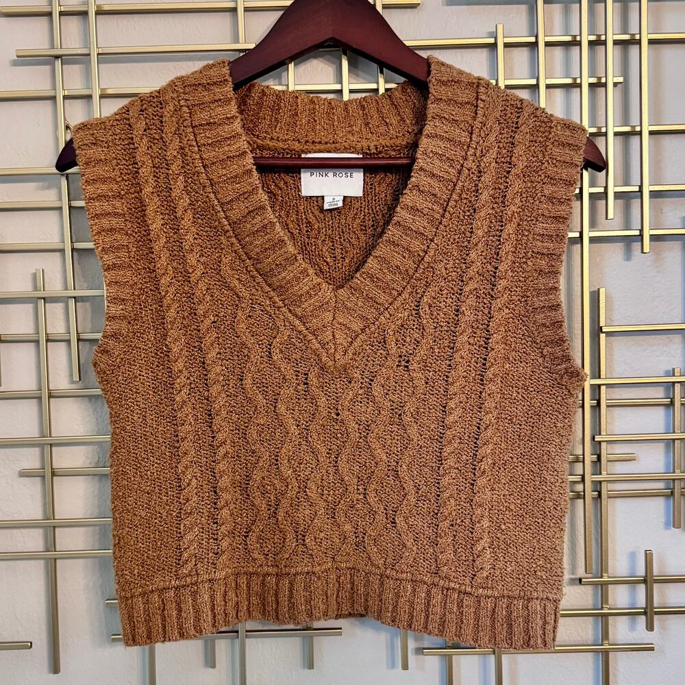 Pink Rose Brown Cable Knit Sweater Vest Womens Small Cropped Preppy Academia